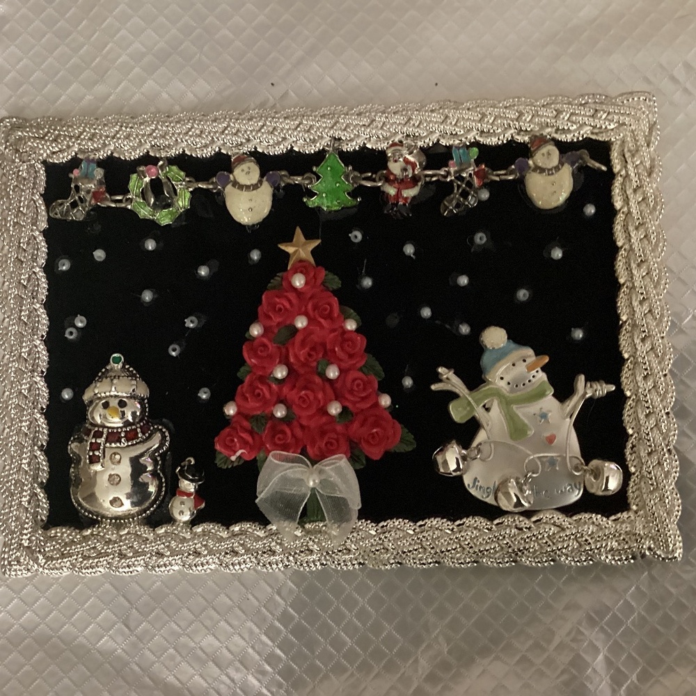 Christmas time jewelry art display red ceramic poinsettia snowman silver frame